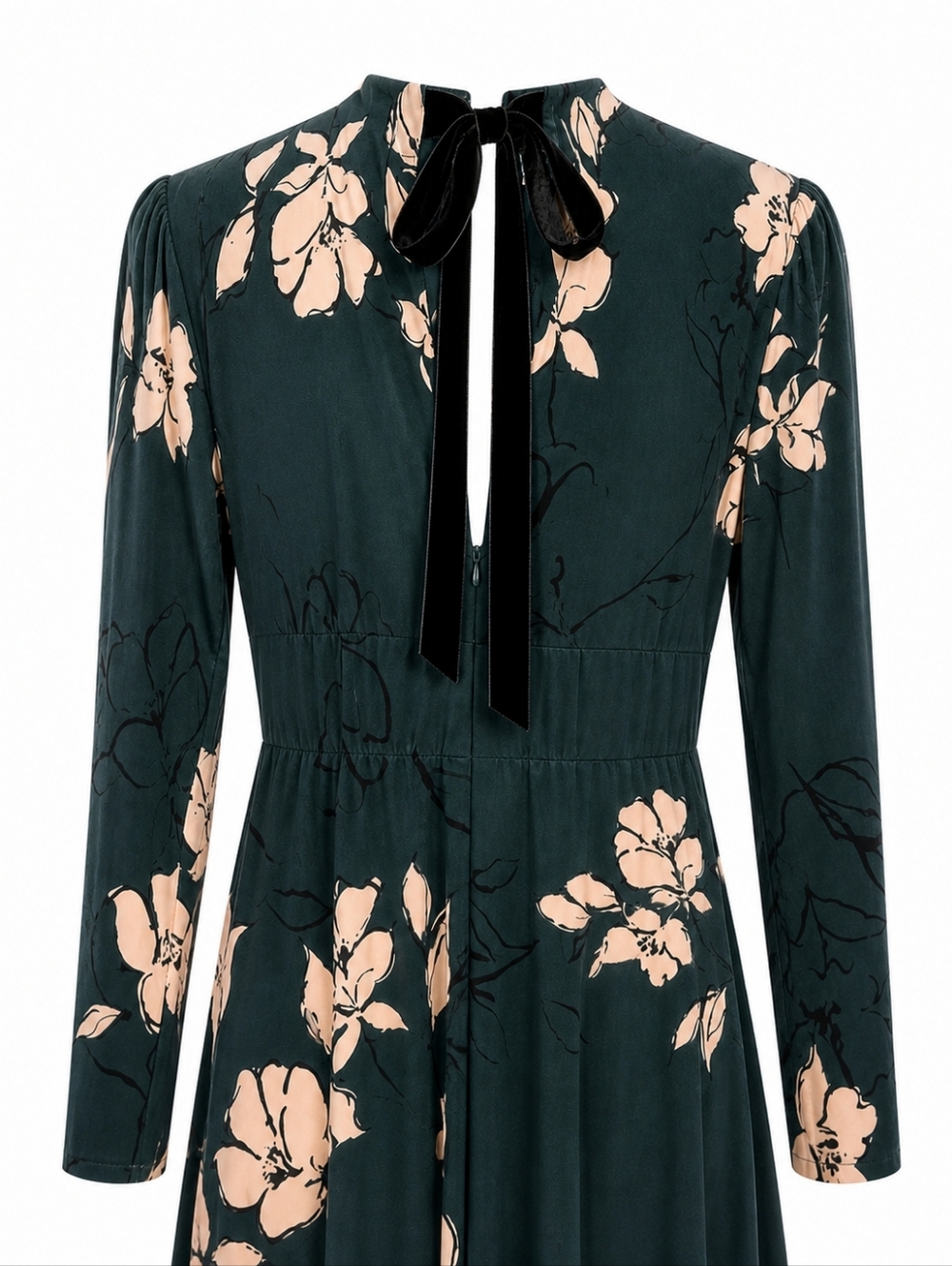 Maggie London NWT Green Floral Midi Dress Mock Neck Tie Back Long Sleeve Size 6 - Picture 4 of 14
